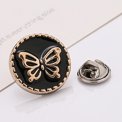 Black Plastic Brooch, Alloy Pin, with Enamel, for Garment Accessories, Round with Butterfly, Black, 18mm