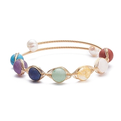Mixed Stone Round Mixed Gemstone Braided Bangle with Natural Pearl, Copper Wire Wrap 7 Chakra Torque Bangle for Women, Golden, Inner Diameter: 2 inch(5.2cm)
