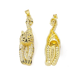 Real 18K Gold Plated Rack Plating Brass Micro Pave Cubic Zirconia Pendants, Cadmium Free & Lead Free, Long-Lasting Plated, Key with Cat Charm, Real 18K Gold Plated, 46x12x14.5mm, Hole: 4x3.5mm