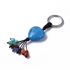 Synthetic Turquoise Synthetic Turquoise Heart with Mixed Gemstone Tassel Keychains, with 304 Stainless Steel Ring Clasps, 8.5~9cm