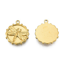 Real 18K Gold Plated Ion Plating(IP) 304 Stainless Steel Pendants, Flat Round with Dragonfly, Real 18K Gold Plated, 21x18x2.5mm, Hole: 1.6mm