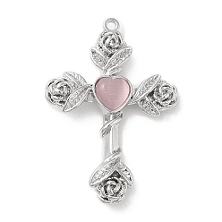 Pink Alloy with Glass Pendants, Cross with Rose Charms, Platinum, Pink, 35x25x5mm, Hole: 1.4mm