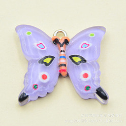 Lilac Transparent Resin Pendants, with Platinum Tone Iron Loops, Butterfly Charms, Lilac, 23x24.5x5mm, Hole: 2mm