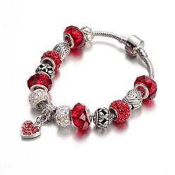 Rouge Alliage strass perles bracelets européens, avec des perles de verre et chaîne en laiton, rouge, 190mm
