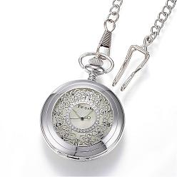 Платина Резные сплава плоские круглые кулон ожерелье кварцевые карманные часы, с железными цепочками, платина, 14.56 дюйм (37 см)