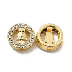 Light Gold Alloy Rhinestone Beads, Flat Round with Owl Pattern, Light Gold, 12x2.5mm, Hole: 2x2~8mm