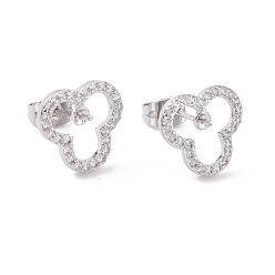 Platinum Brass Micro Pave Clear Cubic Zirconia Stud Earring Findings, with Ear Nuts, for Half Drilled Beads, Clover, Cadmium Free & Lead Free, Platinum, 12.5x12x3.7mm, Pin: 0.7mm and 0.8mm(for half drilled beads)