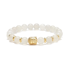 White Moonstone Bracelet extensible en pierre de lune blanche naturelle et tête de bouddha en alliage, bijoux en pierres précieuses pour femmes, diamètre intérieur: 2-3/8 pouce (5.9~6.1 cm)