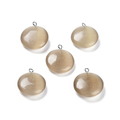Tan Cat Eye Pendants, with Platinum Tone Iron Loops, Flat Round Charms, Tan, 23.5x20x7mm, Hole: 1.5mm