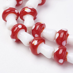 Red Handmade Lampwork Beads Strands, Mushroom, Red, 11.5~14.5x9~11mm, Hole: 1mm, about 25pc/strand, 13.54 inch(34.4cm)