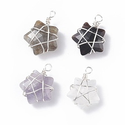 Silver Natural Gemstone Pendants, with Copper Wire Wrapped, Star, Silver, 18~20x13~15x6.5~7.5mm, Hole: 1.5~2mm