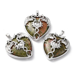 Unakite Natural Unakite Heart Pendant Rhinestone Settings, Rack Plating Platinum Plated Brass Wings Charms, Long-Lasting Plated, Fit for 3mm Rhinestone, 37x33x10~11.5mm, Hole: 8x5mm