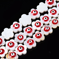 FireBrick Natural Freshwater Shell Beads, with Enamel, Flower with Evil Eye, FireBrick, 10.5x11x4.5mm, Hole: 0.7mm, about 38~39pcs/strand, 14.96~15.43 inch(38~39.2cm)