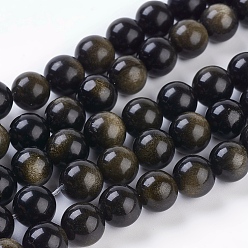 Golden Sheen Obsidian Natural Golden Sheen Obsidian Beads Strands, Round, 12mm, Hole: 1~2mm, 16pcs/strand, 8 inch