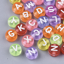Mixed Color Transparent Acrylic Beads, Horizontal Hole, Flat Round with Random Initial Letter, Mixed Color, 7x4mm, Hole: 1.5mm, about 3830pcs/500g