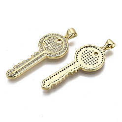 Real 16K Gold Plated Brass Micro Pave Clear Cubic Zirconia Pendants, with Brass Snap on Bails, Nickel Free, Key, Real 16K Gold Plated, 37x14x2mm, Hole: 5x3mm