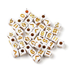 Blanc Perles acryliques opaques, chiffres d'or, cube, blanc, 5x5x5mm, Trou: 2mm, 5000 pcs / 500 g