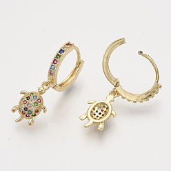 Golden Brass Cubic Zirconia Dangle Hoop Earrings, Sea Turtle, Colorful, Golden, 30mm, Pin: 1mm