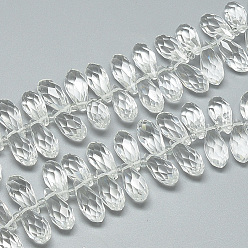 Clear Glass Beads Strands, Top Drilled Beads, Faceted, Teardrop, Clear, 17~18x7~8mm, Hole: 1mm, about 96~100pcs/19.5 inch