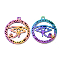 Rainbow Color Ion Plating(IP) 304 Stainless Steel Pendants, Flat Round with Eye of Horus Charm, Rainbow Color, 28x24.5x1.5mm, Hole: 2mm