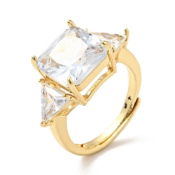 Настоящее золото 18K Прямоугольное регулируемое кольцо из прозрачного кубического циркония, украшения из латуни для женщин, реальный 18 k позолоченный, размер США 5 1/4 (15.9 мм)