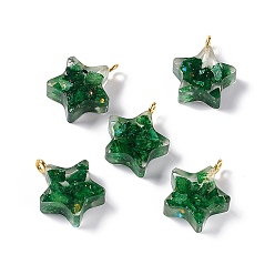 Verde Colgantes de calcita natural, encantos estrella, teñido, con resina epoxi y trabillas de latón dorado, verde, 19.5~20.5x16~17x5~7 mm, agujero: 2 mm