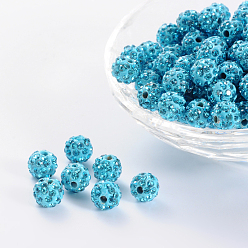 Aquamarine Pave Disco Ball Beads, Polymer Clay Rhinestone Beads, Round, Aquamarine, PP13(1.9~2mm), 5 Rows Rhinestone, 8mm, Hole: 1mm