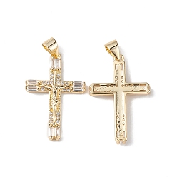 Real 18K Gold Plated Rack Plating Brass Micro Pave Cubic Zirconia Pendants, Lead Free & Cadmium Free, Long-Lasting Plated, Crucifix Cross Charm, Religion, Real 18K Gold Plated, 27x18x3mm, Hole: 3.5x4.5mm