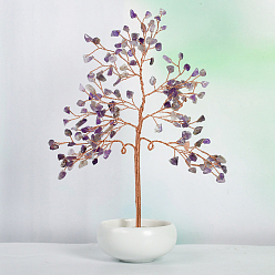 Amethyst Undyed Natural Amethyst Chips Tree of Life Display Decorations, with Porcelain Bowls, Copper Wire Wrapped Feng Shui Ornament for Fortune, 145x205mm