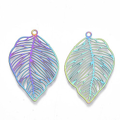 Rainbow Color Ion Plating(IP) 201 Stainless Steel Filigree Pendants, Etched Metal Embellishments, Tropical Leaf Charms, Monstera Leaf, Rainbow Color, 37x25x0.3mm, Hole: 1.8mm