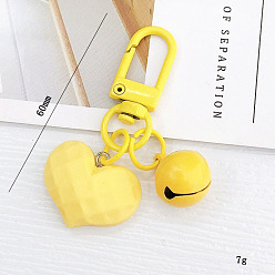 Yellow Acrylic Pendants Keychain, with Spray Painted Alloy Findings, Heart & Bell, Yellow, 6cm