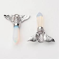 Opalite Brass Opalite Pendants, Bullet with Skull & Wing, Platinum, Pointed Pendant, 48~50x36x8mm, Hole: 3mm