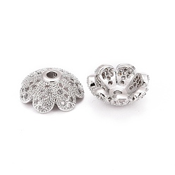 Platine Bouchons de perles de zircone cubique en laiton micro-pavé écologique à fleurs multi-pétales, sans plomb et sans nickel, platine, 11x4.8mm, Trou: 1mm