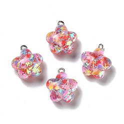 Colorful Transparent Resin Pendants, with Platinum Tone Iron Loops & Glitter Powder, Plum Bossom, Colorful, 20.5x17x10.5mm, Hole: 2mm