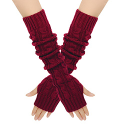 Dark Red Acrylic Fiber Yarn Knitting Fingerless Gloves, Long Winter Warm Gloves with Thumb Hole, Dark Red, 500x75mm