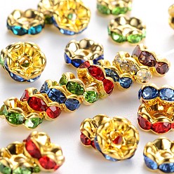 Golden Brass Rhinestone Spacer Beads, Grade A  Mix, Rondelle, Golden and Nickel Free, Assorted Colors, about 7mm in diameter, 3.2mm thick, hole: 1mm