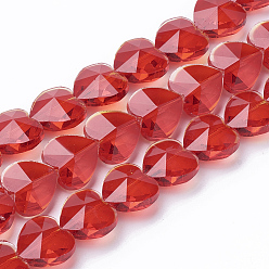 Roja Perlas de vidrio transparentes, facetados, corazón, rojo, 10x10x6.5 mm, agujero: 1 mm