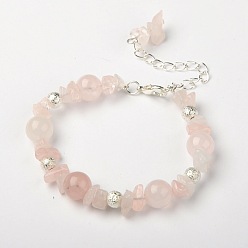 Rose Quartz Rose Quartz Bracelets, with Brass Textured Beads and Alloy Lobster Claw Clasps, Silver Color Plated, Rose Quartz, 185mm