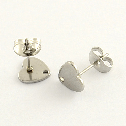 Stainless Steel Color 304 Stainless Steel Heart Stud Earring Findings, with Loop and Flat Plate, Stainless Steel Color, 8x8mm, Hole: 1mm, pin: 0.8mm