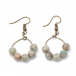 Pale Turquoise Natural Aqua Terra Jasper Dangle Earrings, with Iron Findings, Round, Pale Turquoise, 45mm, Pin: 0.6mm, Pendant: 28x22mm
