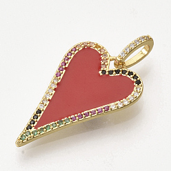 Red Golden Plated Brass Micro Pave Cubic Zirconia Pendants, with Enamel, Heart, Red, 27.5x18x1.5mm, Hole: 3.5x6mm