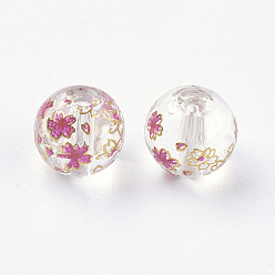 Clear Flower Picture Printed Glass Beads, Round, Clear, 10x9mm, Hole: 1.5mm