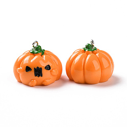 Dark Orange Halloween Opaque Resin Pendants, Pumpkin Jack-O'-Lantern Charms, with Platinum Tone Iron Loops, Dark Orange, 21.5x27x27mm, Hole: 2mm