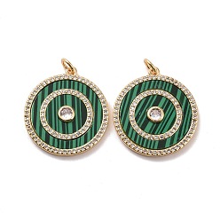 Clear Flat Round Brass Micro Pave Cubic Zirconia Pendants, with Synthetic Malachite and Jump Rings, Cadmium Free & Lead Free, Real 18K Gold Plated, Clear, 25x23x2.5mm, Hole: 3.4mm