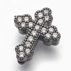Gunmetal Brass Micro Pave Cubic Zirconia Beads, Lead Free & Cadmium Free, Cross, Clear, Gunmetal, 15x12x4mm, Hole: 1.6mm