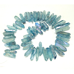 Aqua Electroplate Natural Nuggets Quartz Crystal Beads Strands, Grade AB, Dyed, AB Color Plated, Aqua, 17~47x10~11x6~6.5mm, Hole: 1mm, about 53pcs/strand, 15.4 inch