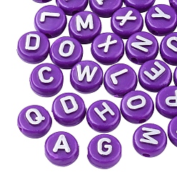 Dark Violet Plating Opaque Acrylic Beads, Metal Enlaced, Flat Round with Letter, Dark Violet, 10x6mm, Hole: 1.8mm, about 632pcs/200g