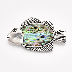 Colorful Abalone Shell/Paua Shell Brooches/Pendants, with Alloy Findings and Resin Bottom, Fish, Antique Silver, Colorful, 33x58.5x10mm, Hole: 10x3.5mm, Pin: 0.6mm