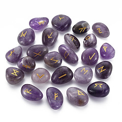 Amethyst Natural Amethyst Beads, Tumbled Stone, Healing Stones for Chakras Balancing, Crystal Therapy, Meditation, Reiki, Divination Stone, No Hole/Undrilled, Nuggets with Runes/Futhark/Futhorc, 19~28x14~22x9~16mm, about 25pcs/set