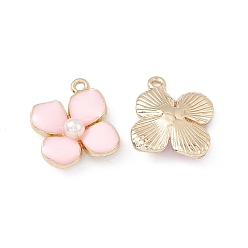 Pink Encantos del esmalte de la aleación, con perla de imitación de plástico, dorado, encanto de flores, rosa, 19x17.5x4.5 mm, agujero: 1.4 mm
